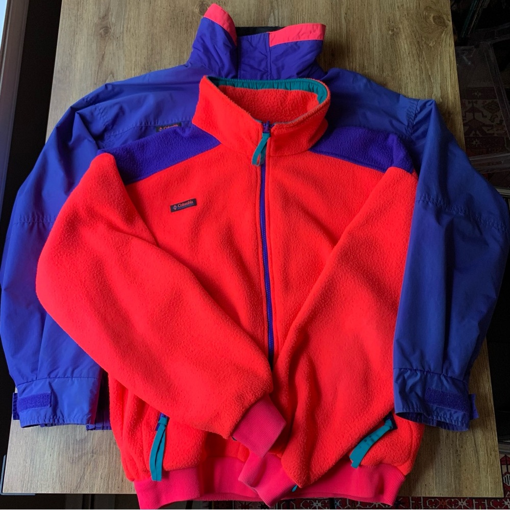 Vintage Columbia Ski Snow Jacket Large Bugaboo Double Layer Fleece 90s Neon 3in1
